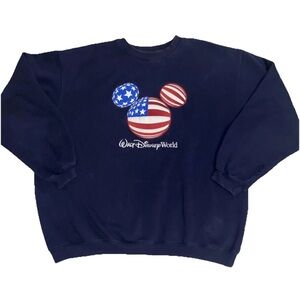 Vintage Walt Disney World Size 2XL Navy Blue Mickey Mouse USA Flag Sweatshirt